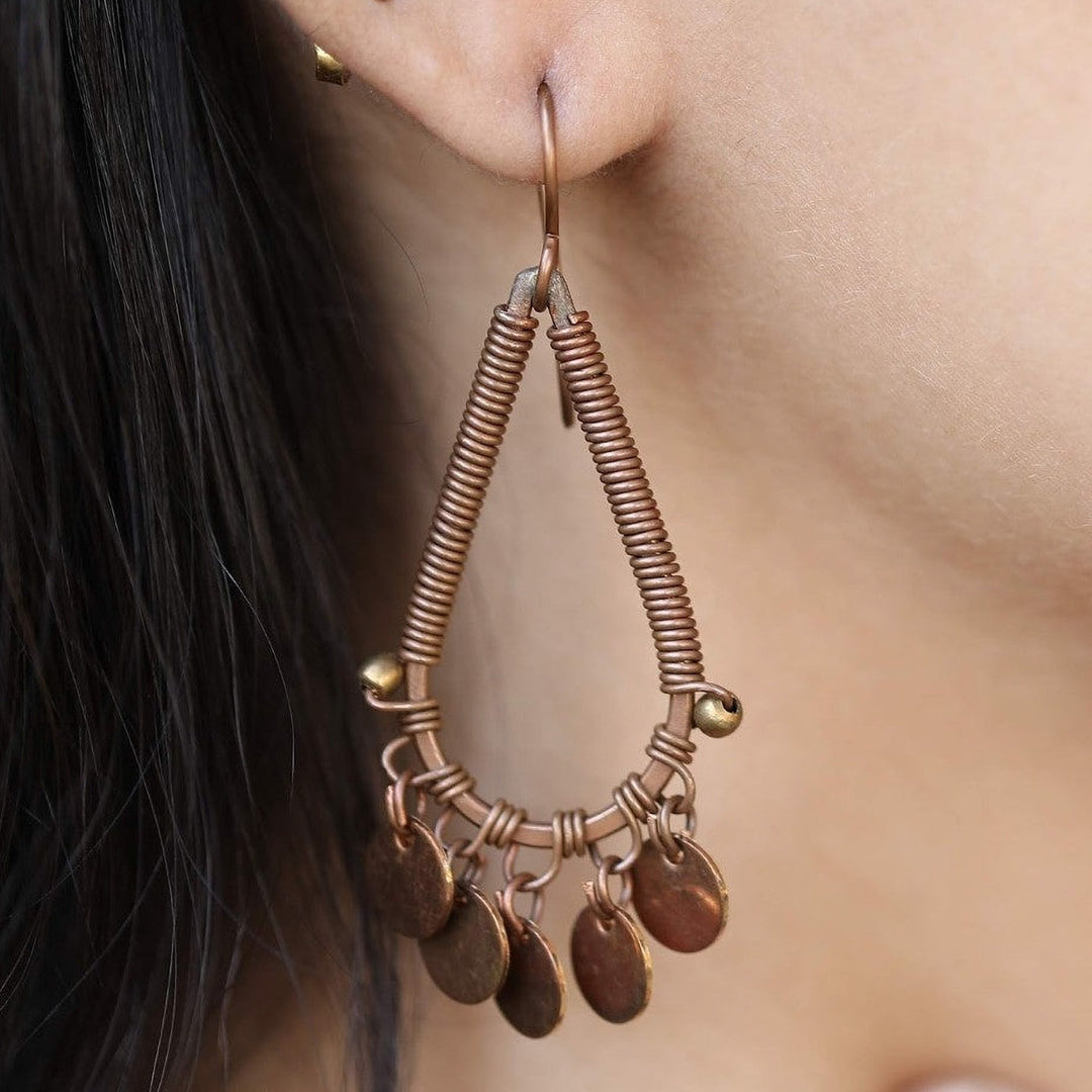Handmade Drop Shaped Circular Disc Copper Earrings