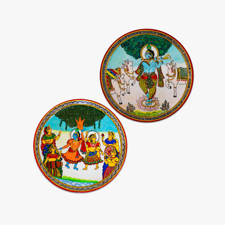 Handpainted Wooden Wall Plate With Radha Krishna Artwork - Set Of 2