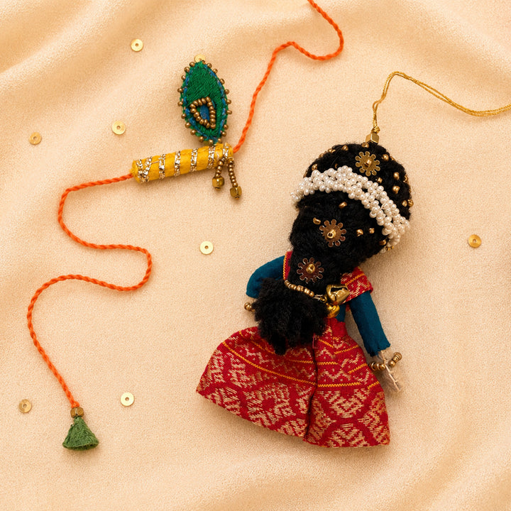 Hand Embroidered Radha Bansuri Rakhi Lumba Set For Bhaiya Bhabhi