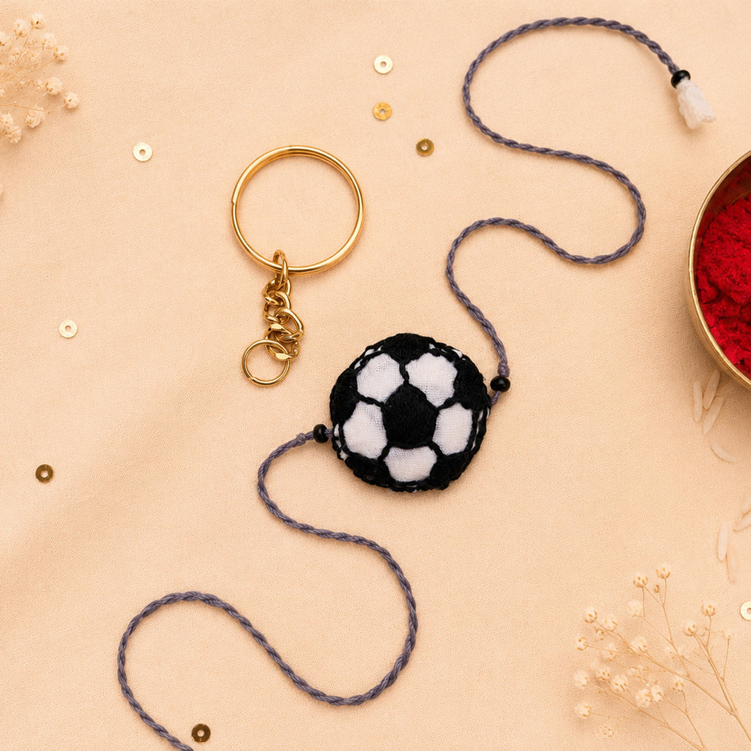 Hand Embroidered Football Rakhi With Keychain For Brother