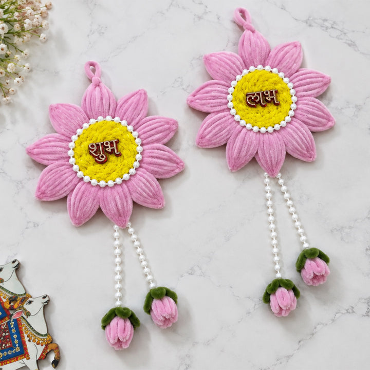 2 pc | Handmade Shubh Labh Floral Pipe Cleaner Hanging With Pearl Detailing For Diwali - Pink