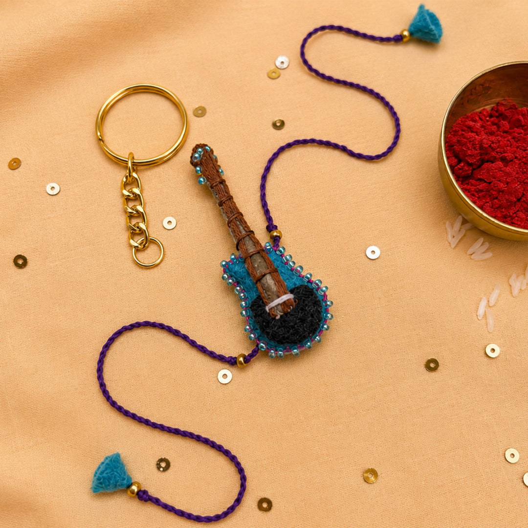 Hand Embroidered Guitar Rakhi With Keychain For Brother