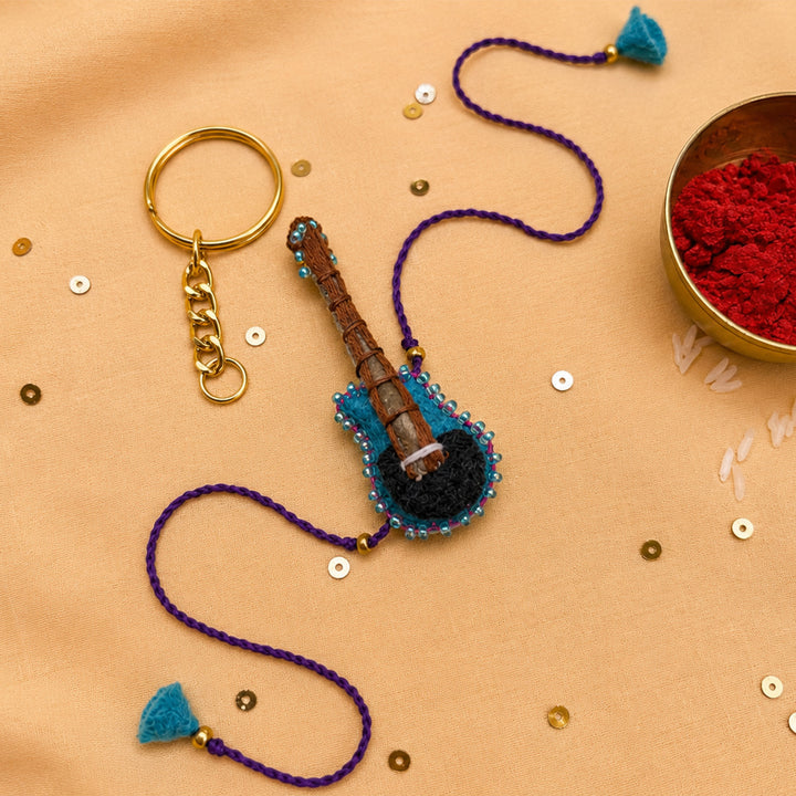 Hand Embroidered Guitar Rakhi With Keychain For Brother