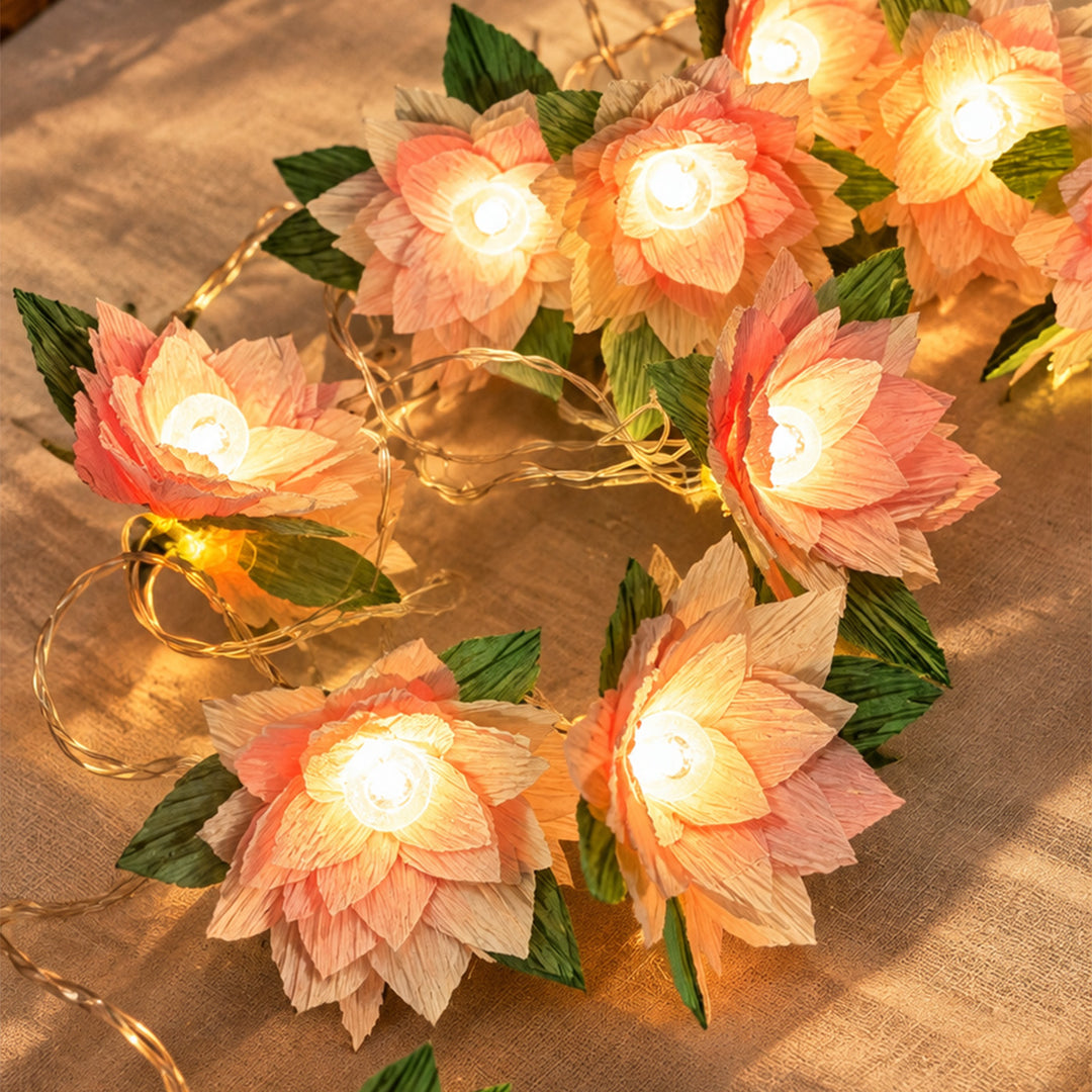 Handmade Phool Jhalar Crepe Paper Flower LED Fairy Light For Festive Decor - Baby Pink & Green