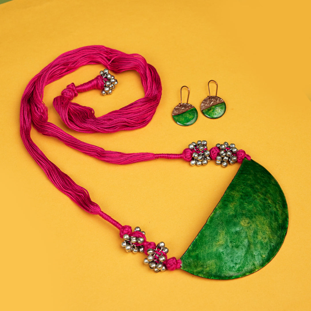 Handmade Half Moon Shaped Ghungroo Copper Enamel Pendant With Earrings