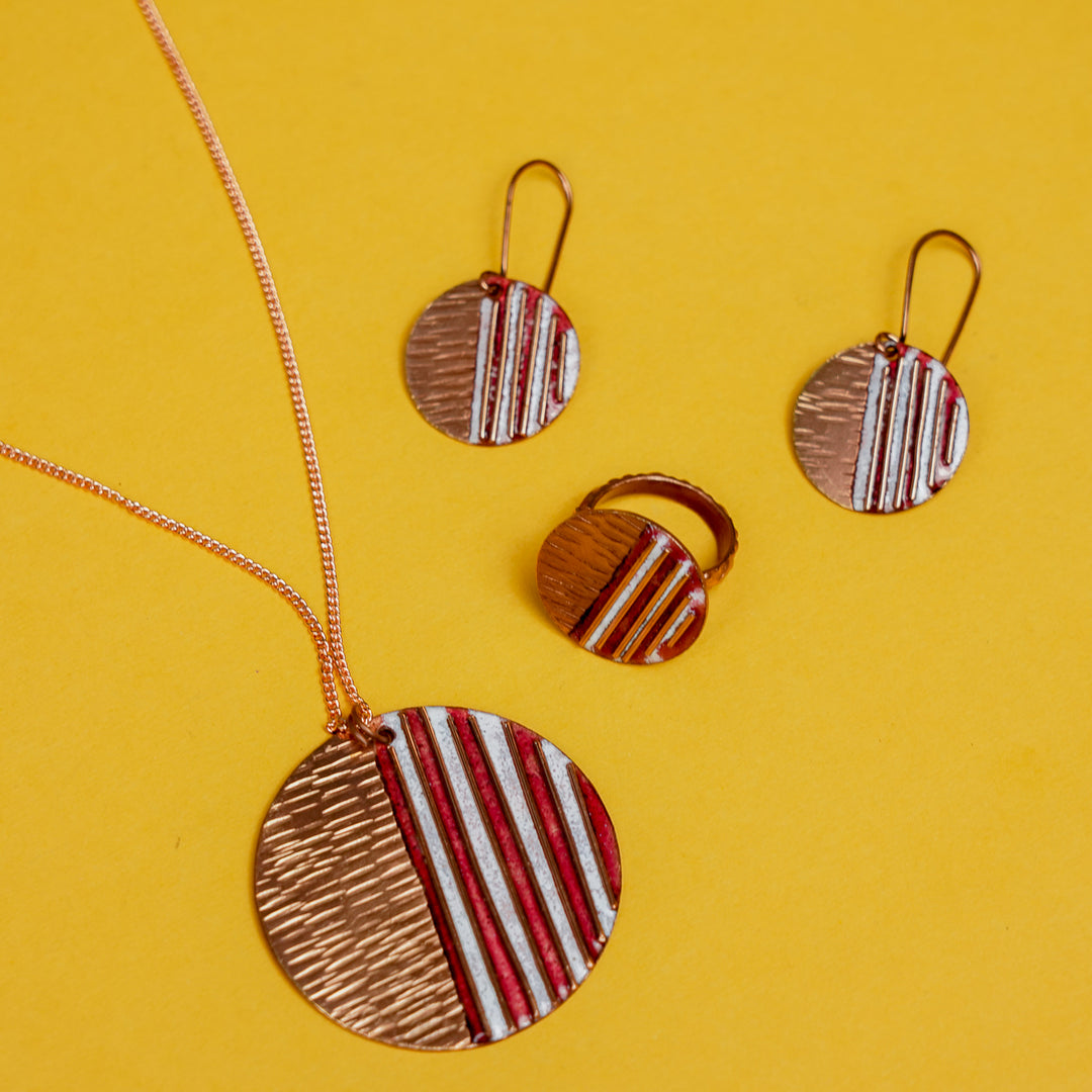 Hand Crafted Small Fire Copper Enamel Crinkle Set