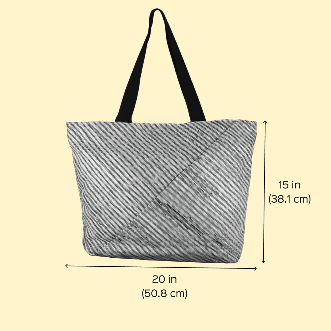 Silver and Blue Striped Upcycled Plastic Handcrafted Beach Tote Bag