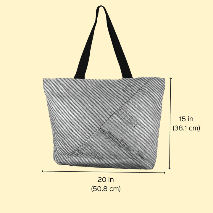 Silver and White Striped Upcycled Plastic Handcrafted Beach Tote Bag