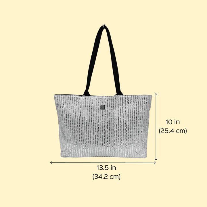Handcrafted White and Silver Striped Upcycled Plastic 16" Office Tote Bag