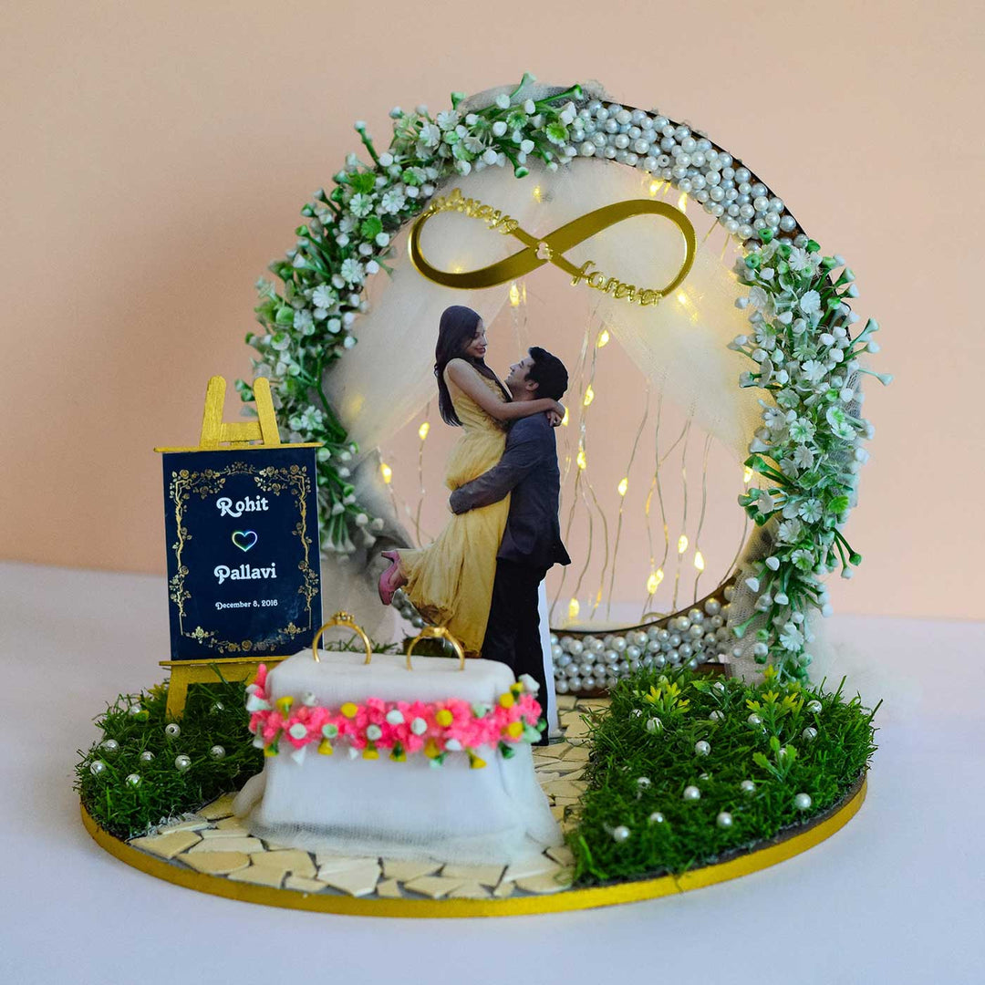 Photo Personalized Green & White Theme MDF Wood Engagement Platter With Light