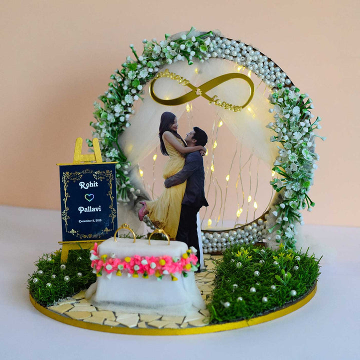 Photo Personalized Green & White Theme MDF Wood Engagement Platter With Light