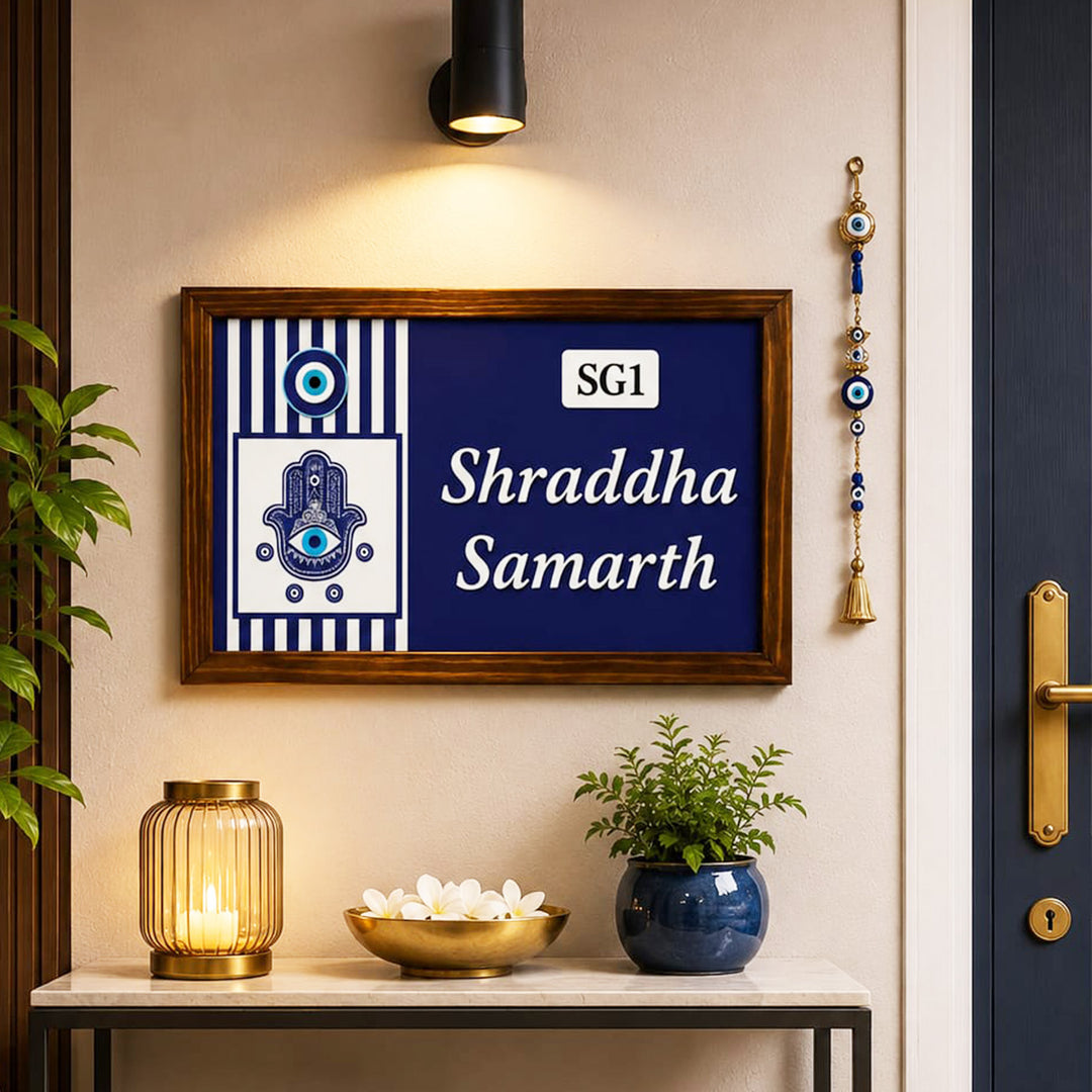 Personalized Evil Eye Printed Wooden & Acrylic Name Plate with 3D Letters