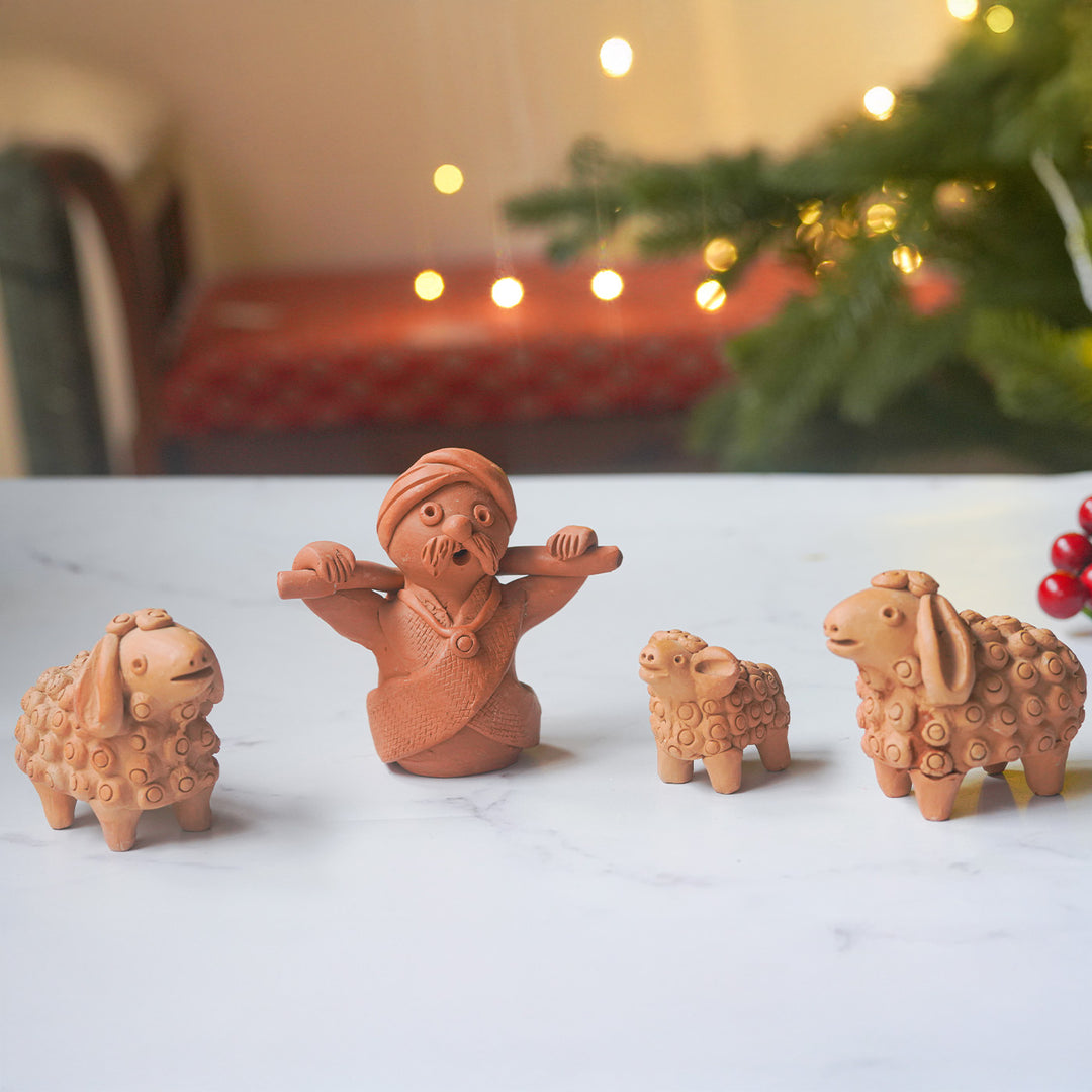 4 Pc | Handmade Shepherd & Sheep Terracotta Figurines For Christmas Decoration