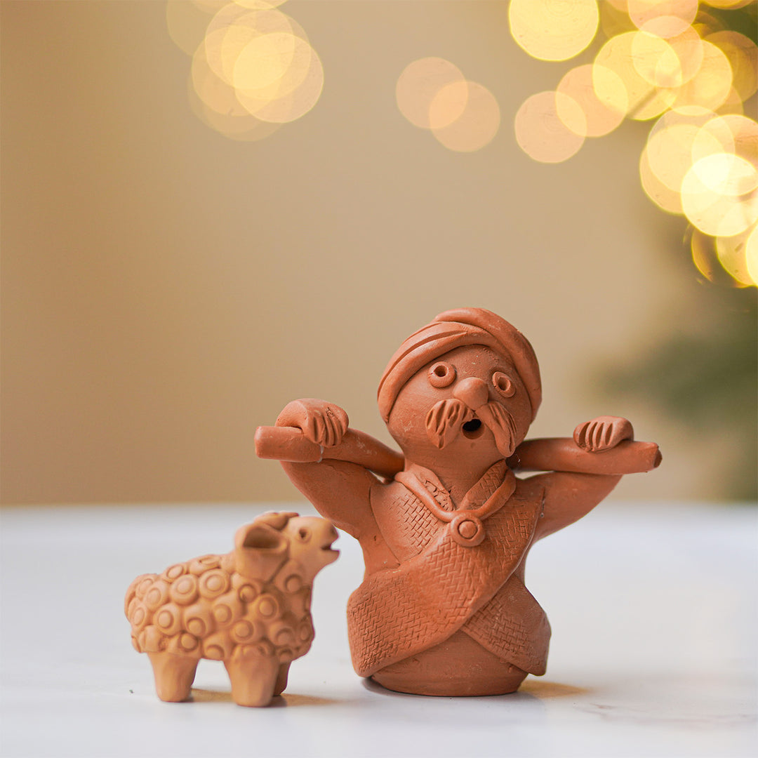 4 Pc | Handmade Shepherd & Sheep Terracotta Figurines For Christmas Decoration