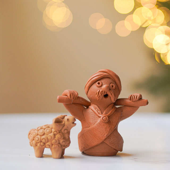 4 Pc | Handmade Shepherd & Sheep Terracotta Figurines For Christmas Decoration