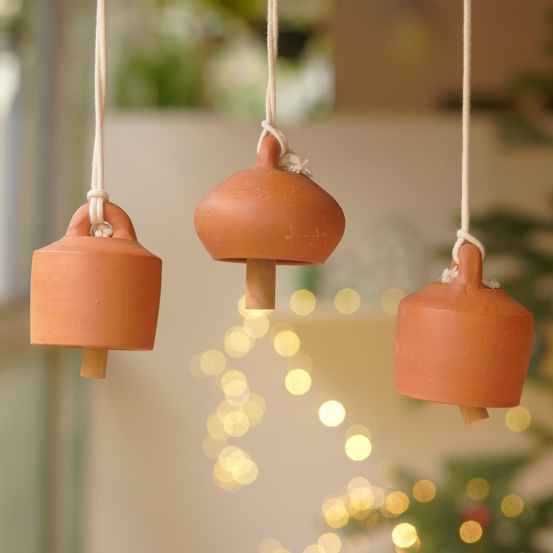 3 Pc | Handmade Minimalist Terracotta Christmas Bell Hangings
