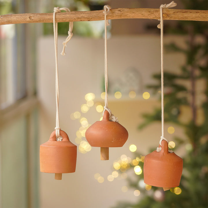 3 Pc | Handmade Minimalist Terracotta Christmas Bell Hangings