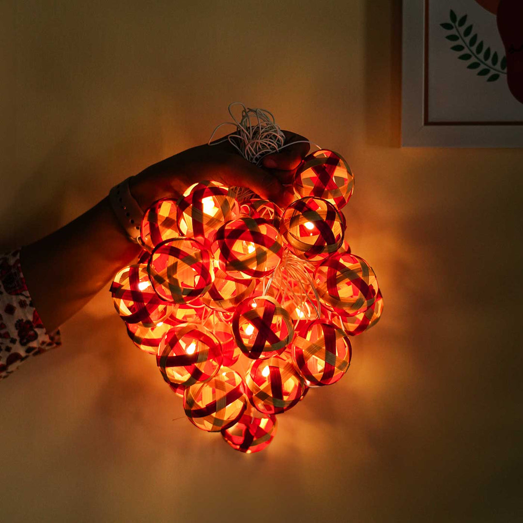 Eco-Friendly Handmade Red & Natural Bamboo Ball Fairy Light
