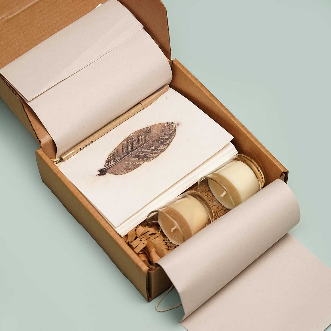 Eco-friendly Leaf Print Journal & Candle Hamper