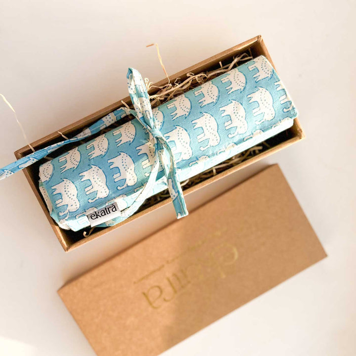 Hand-stitched Cotton Fabric Blue Elephant Roll Up Case