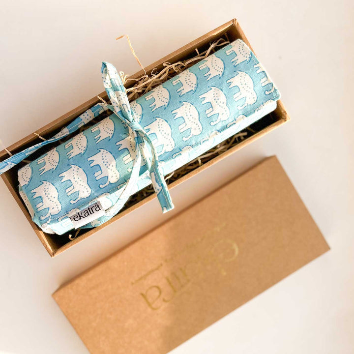 Hand-stitched Cotton Fabric Blue Elephant Roll Up Case