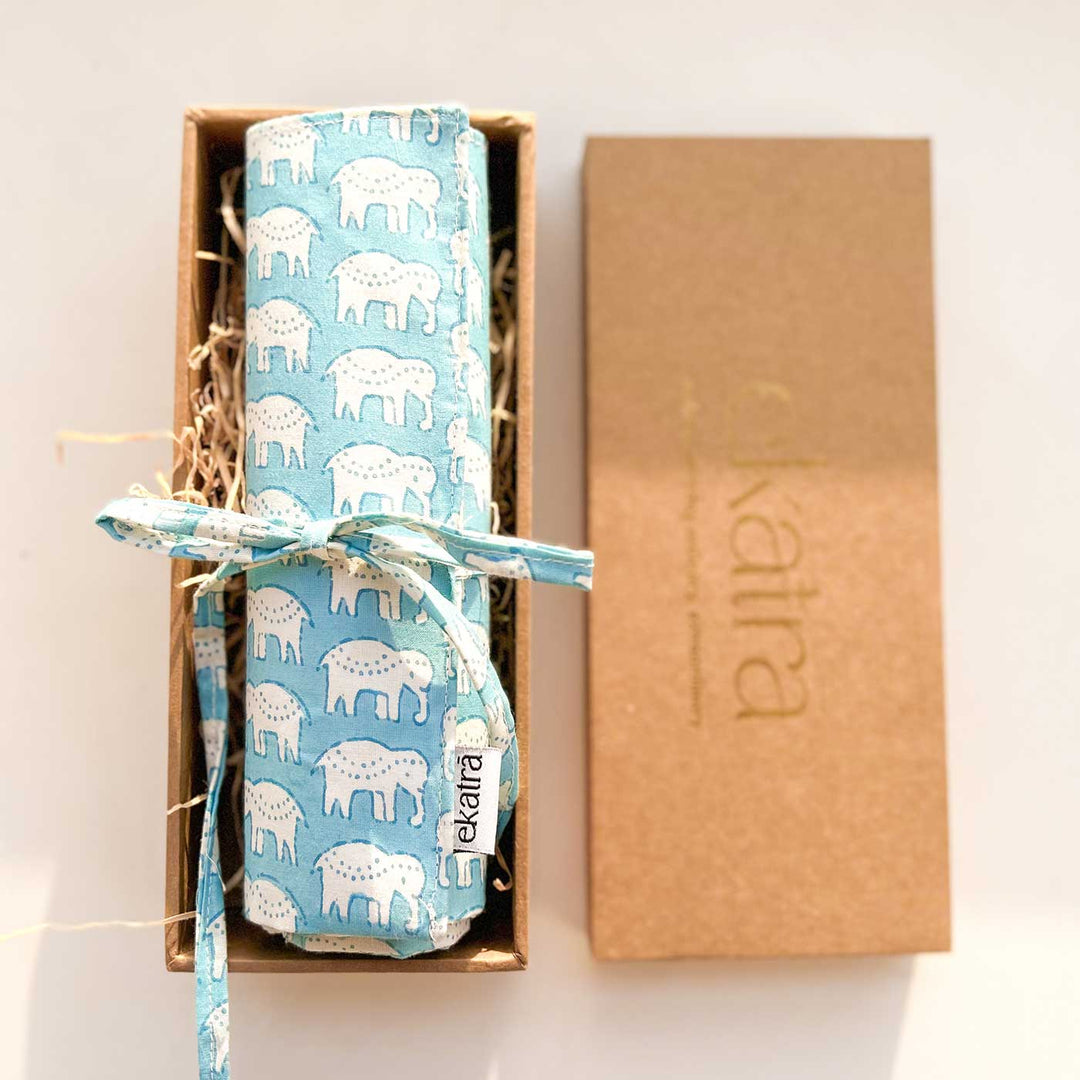 Hand-stitched Cotton Fabric Blue Elephant Roll Up Case