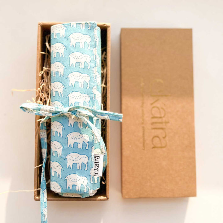 Hand-stitched Cotton Fabric Blue Elephant Roll Up Case