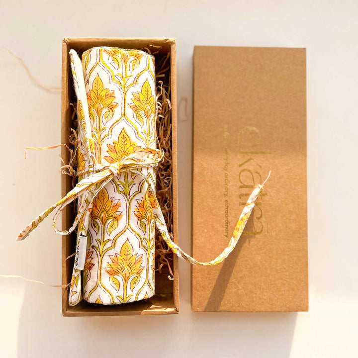 Hand-stitched Cotton Fabric Yellow Floral Roll Up Case