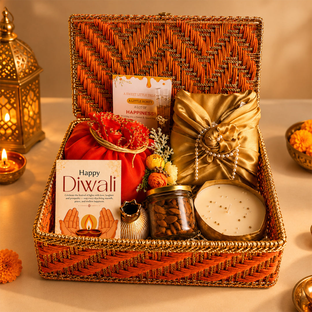 Rang Utsav Grand Orange Basket Diwali Gift Hamper With Toran Potli, German Silver Shubh Labh And Almonds For Festive Gifting