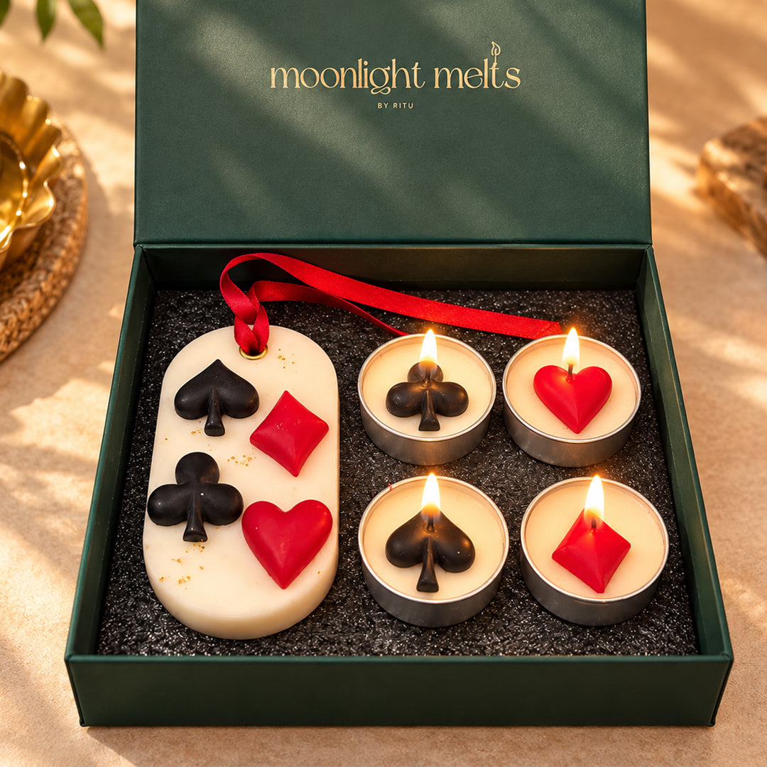 Handcrafted Ace And Flame Playing Card Morning Rose Scented Soy & Beeswax Fragrance Bar With Tealight Candles