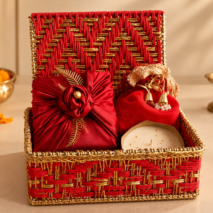 Ruby Utsav Red Basket Diwali Gift Hamper With Urli Soy Wax Candle And Almond Potli For Festive Gifting