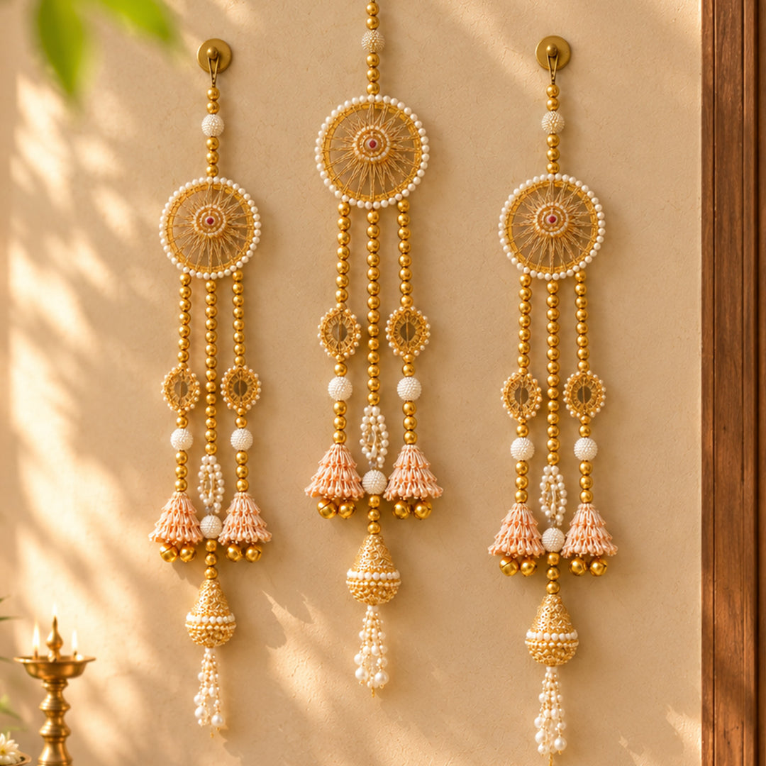 Handmade Royal Pearl Zari Hanging With Ghungroo Bells For Festive Decor