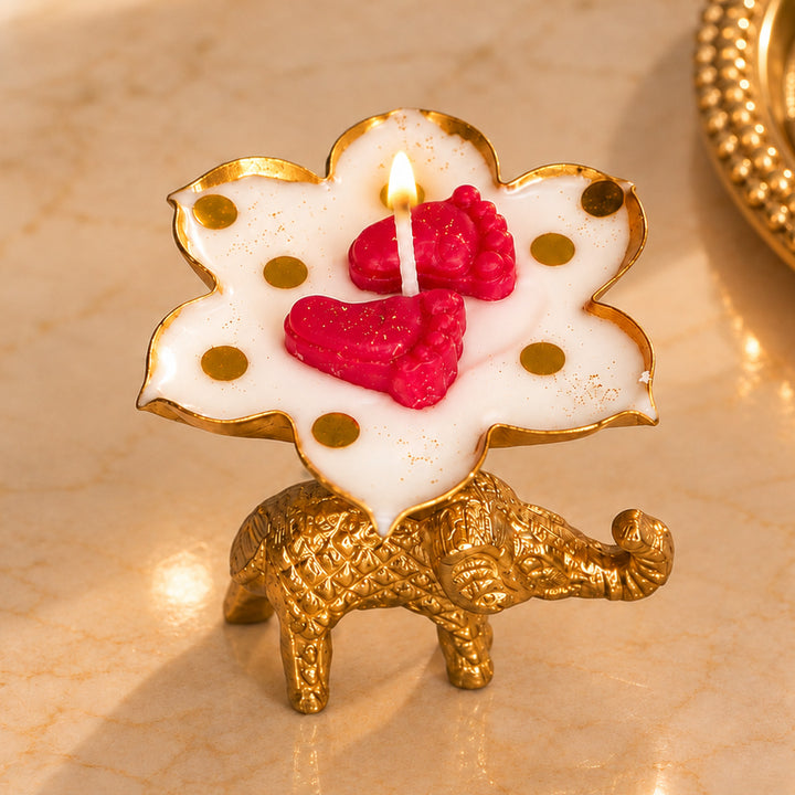 Handcrafted Shubh Deep Laxmi Paduka Golden Elephant Aluminium Mogra Scented Soy Wax Candle