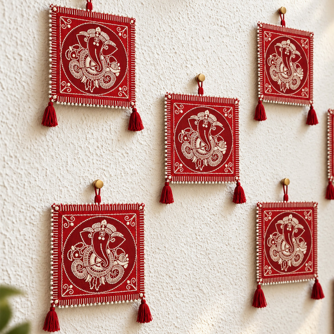 Hand Embroidered Aipan Art Ganapathi Hanging with Glass Beads