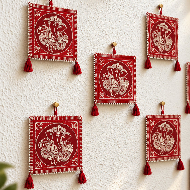 Hand Embroidered Aipan Art Ganapathi Hanging with Glass Beads