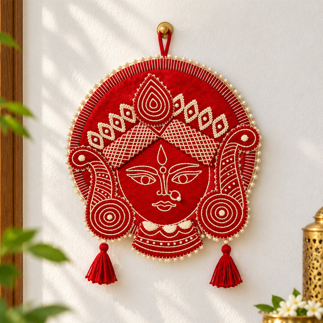 Hand Embroidered Aipan Art Durga Hanging With Glass Beads