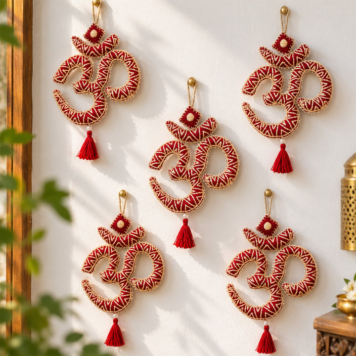 Hand Embroidered Aipan Art Aum Hanging With Glass Beads