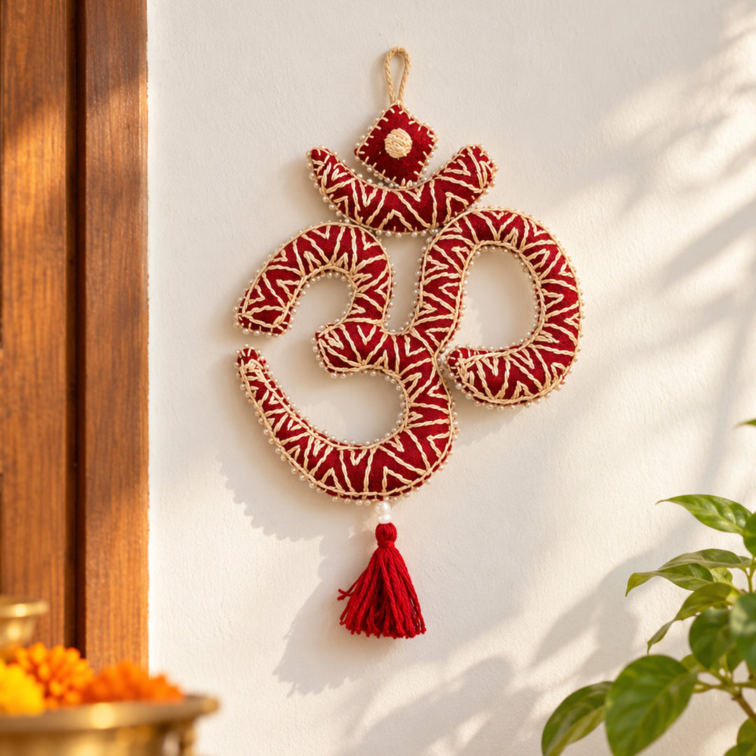 Hand Embroidered Aipan Art Aum Hanging With Glass Beads