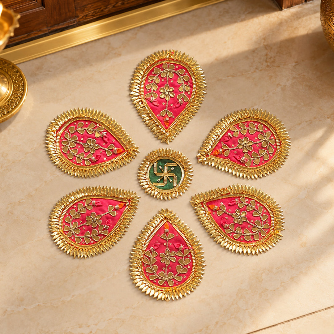 7 Pc | Handmade Suman Gota Patti Pink Floral Swastik Rangoli for Pooja & Festive Decor
