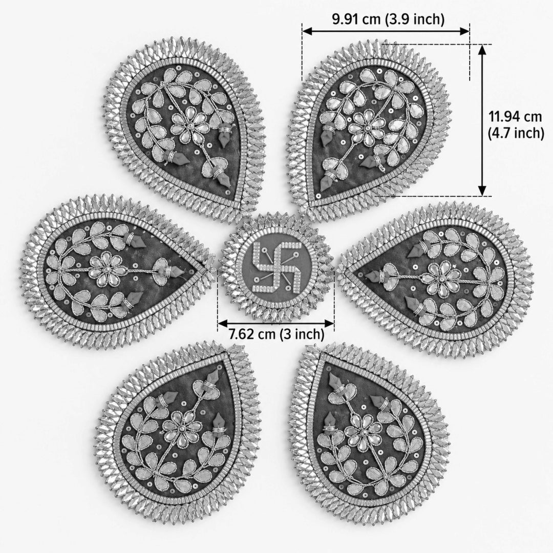 7 Pc | Handmade Barkha Gota Patti Green Floral Swastik Rangoli for Pooja & Festive Decor