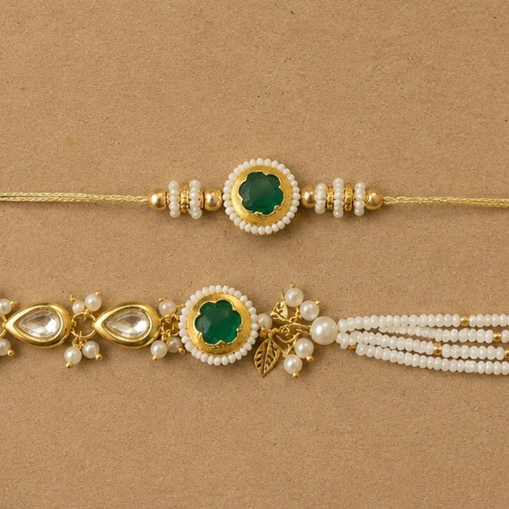 Reusable Emerald & Pearl Couple Rakhi For Bhaiya Bhabhi With Roli Chawal | Set of 2