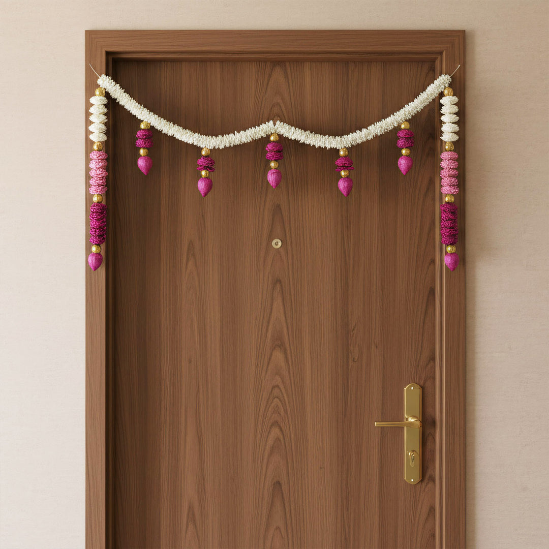 Handmade Eternal Bliss White & Pink Shola Flower Toran