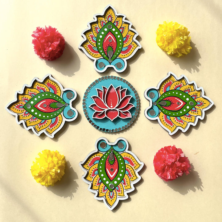 4 Pc Diya & 1 Lotus | Hand-Painted Lotus Diya Floral Rangoli With Mirror Work For Festive Decor