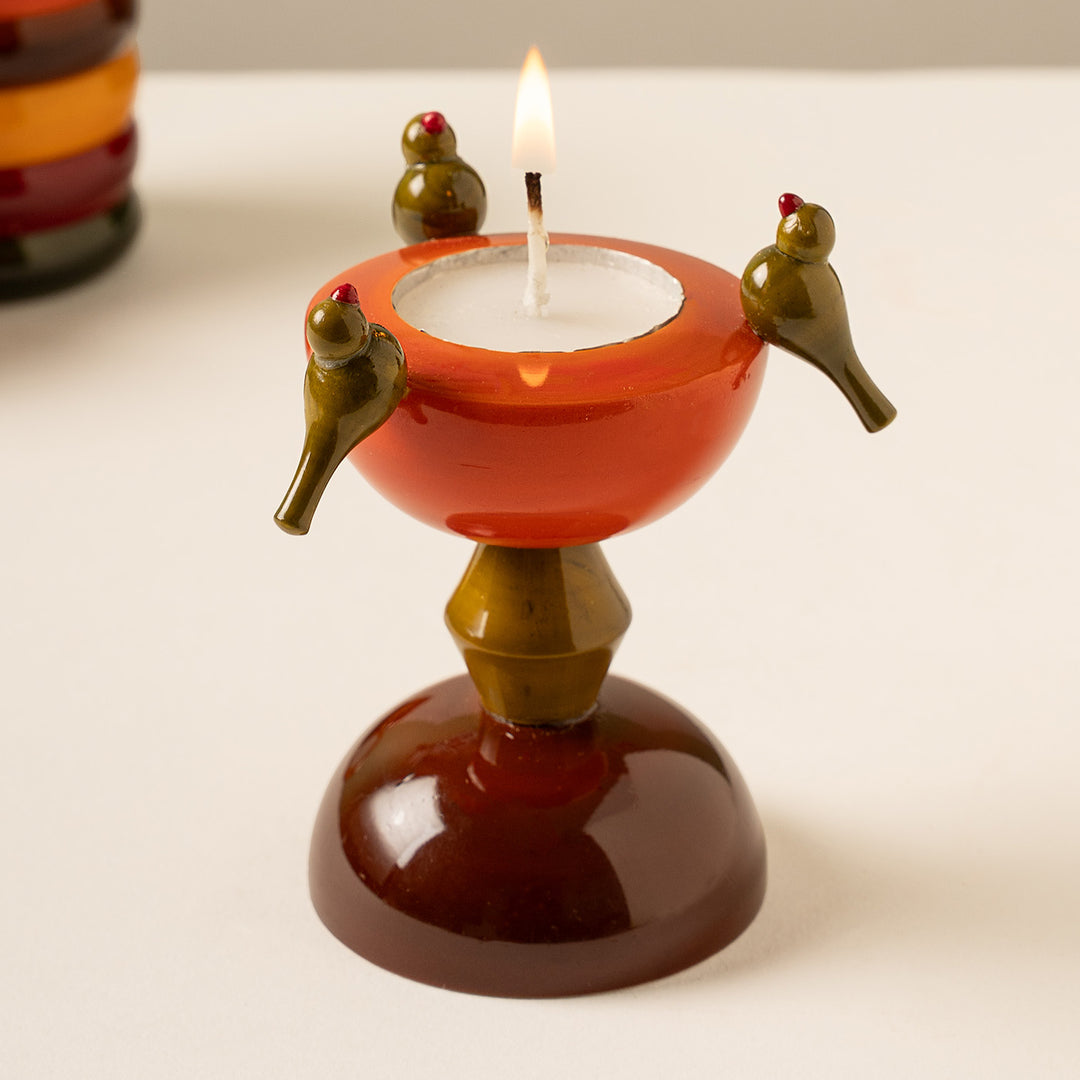 "Birds On An Hourglass" Etikoppaka Wooden Tealight Holder With Tealight For Festive Decor