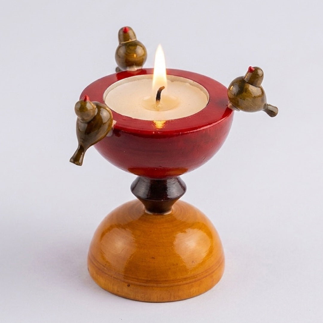 "Birds On An Hourglass" Etikoppaka Wooden Tealight Holder With Tealight For Festive Decor