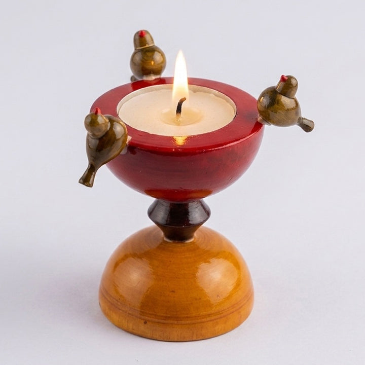 "Birds On An Hourglass" Etikoppaka Wooden Tealight Holder With Tealight For Festive Decor