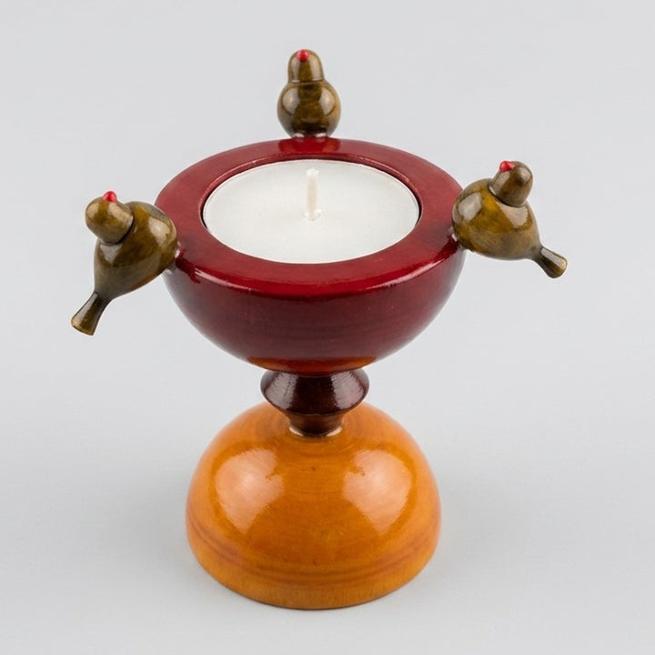"Birds On An Hourglass" Etikoppaka Wooden Tealight Holder With Tealight For Festive Decor