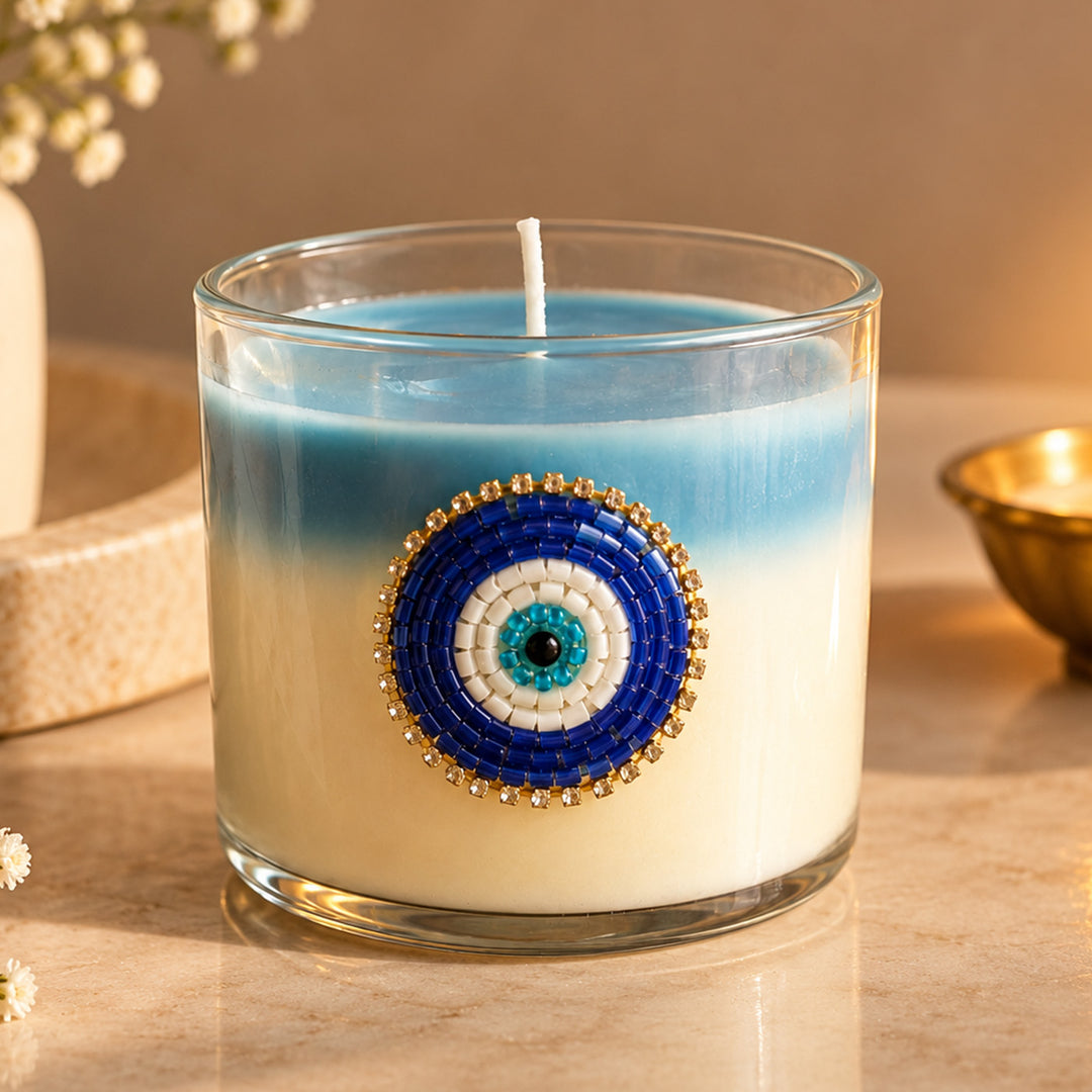 Nazar Halo Round Blue & White Evil Eye Scented Candle With Gift Box For Festive Decor