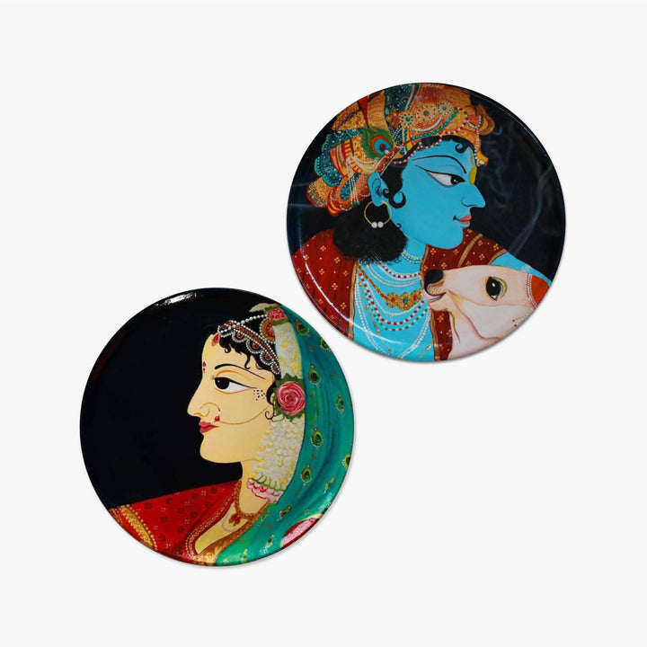 Handpainted Wooden Wall Plate With Radha Krishna Artwork | Set of 2