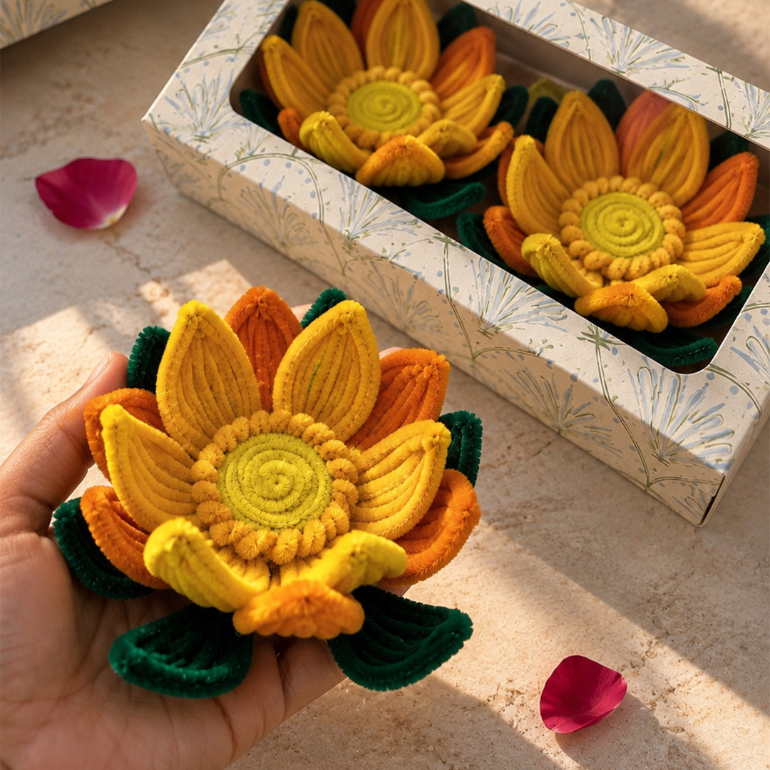 Set of 2 | Handcrafted Yellow-Orange Lotus Pipe Cleaner LED Tealight Holders